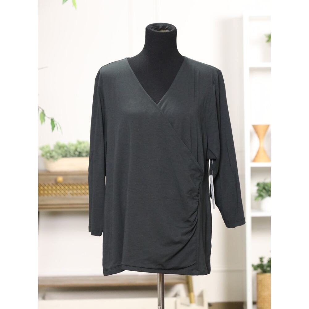 Soft Surroundings Alyssa Knit Top 3X Black Surplice Wrap Draped Pima Cotton NWT